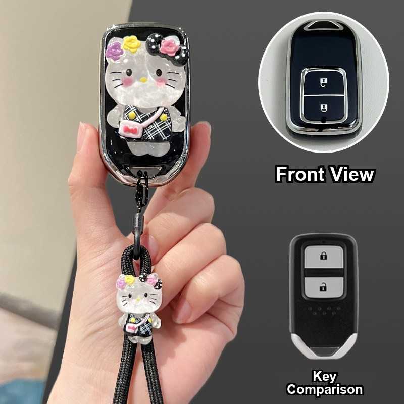 Honda Key Cover - Durable & Stylish | Wholesale & Custom Logo - Style A [Black and Silver Hello Kitty Sticker] Hello Kitty Lanyard