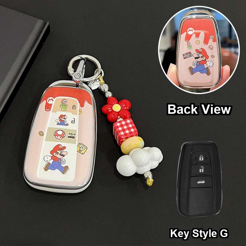 Toyota Key Cover - Durable & Stylish | Wholesale & Custom Logo - Style G [Mario - Double-sided] Silver Ring Buckle + Red Checkered Cloud