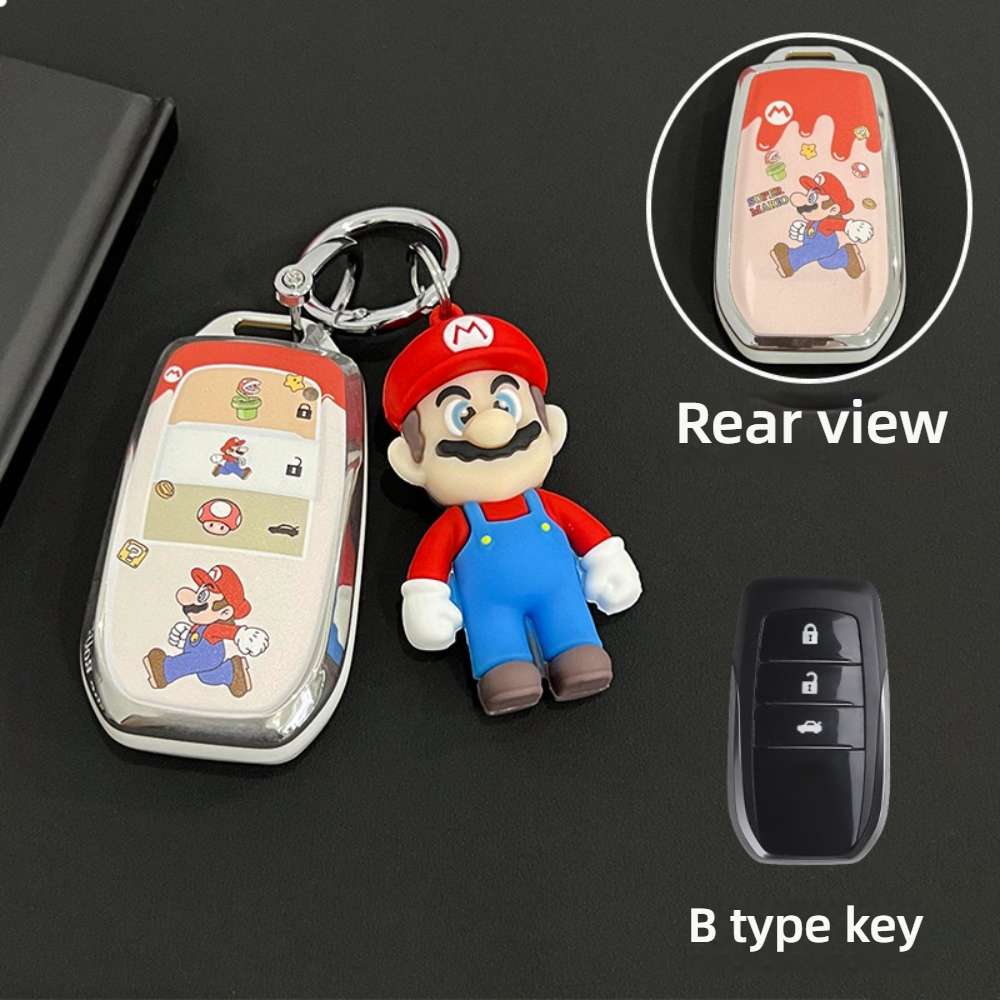 Toyota Key Cover - Durable & Stylish | Wholesale & Custom Logo - Style B [Mario - Double-sided] Silver Ring Buckle + Mario Figurine