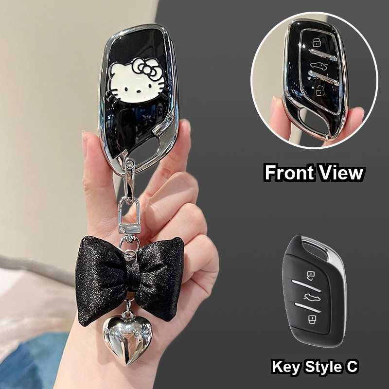 MG6 Key Cover - Durable & Stylish | Wholesale & Custom Logo - Style C [Black, Silver and White Cat Patch] with Black Bow