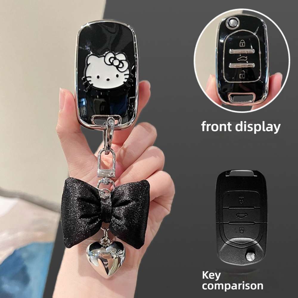 Wuling Hongguang Mini EV Key Cover - Stylish & Durable | Wholesale & Custom - Style A [Black, Silver and White Cat Patch] with Black Bow