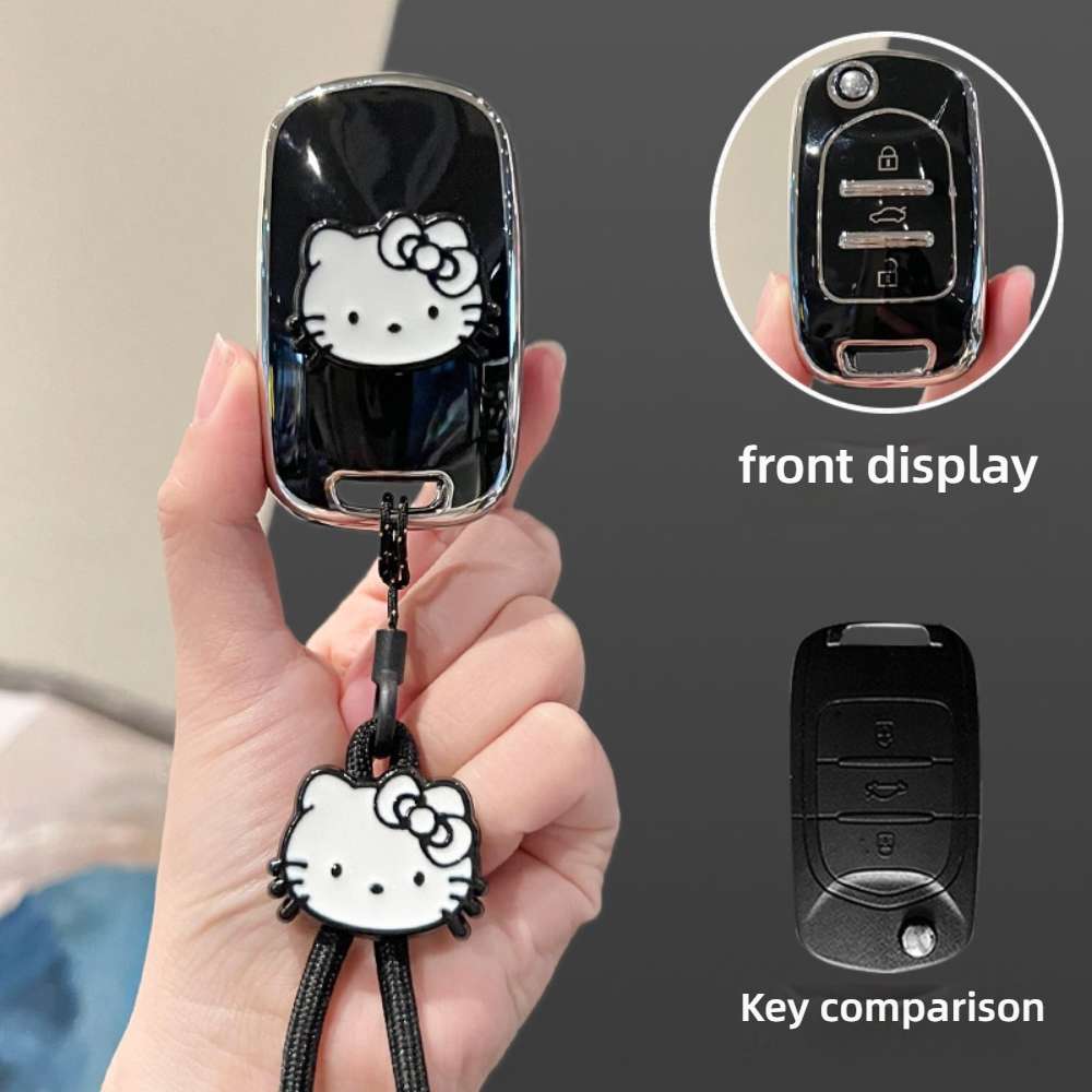 Wuling Hongguang Mini EV Key Cover - Stylish & Durable | Wholesale & Custom - Style A [Black, Silver and White Cat Sticker] White Cat Lanyard