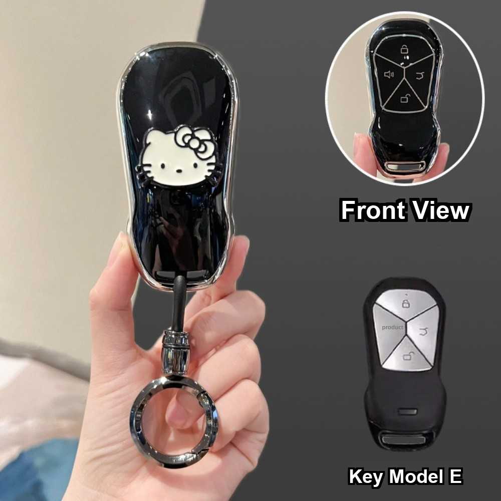 Xpeng P7+ Car Key Cover - Stylish & Durable | Wholesale & Custom Logo - Style E [Black, Silver and White Cat Sticker] High-end Round Ring Buckle