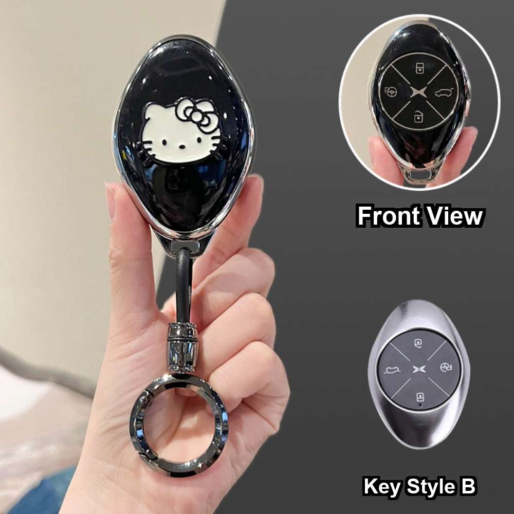 Xpeng P7+ Car Key Cover - Stylish & Durable | Wholesale & Custom Logo - Style B [Black, Silver and White Cat Sticker] High-end Round Ring Buckle