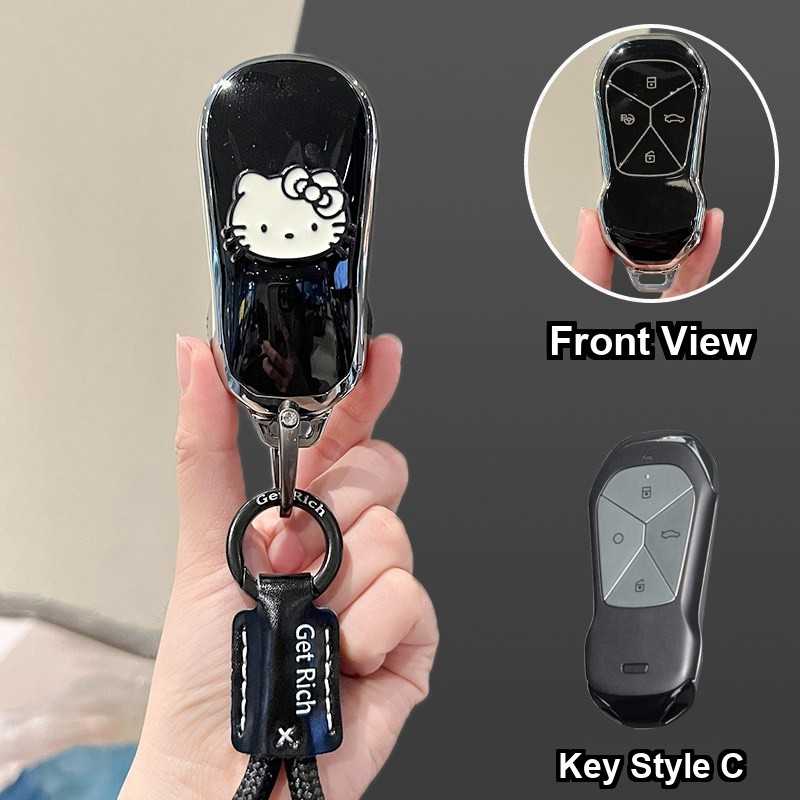 Xpeng P7+ Car Key Cover - Stylish & Durable | Wholesale & Custom Logo - Style C [Black, Silver and White Cat Stickers] Black Letter Braided Rope