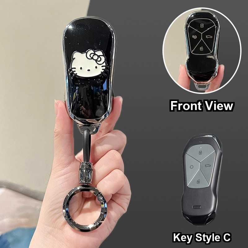 Xpeng P7+ Car Key Cover - Stylish & Durable | Wholesale & Custom Logo - Style C [Black, Silver and White Cat Sticker] High-end Round Ring Buckle