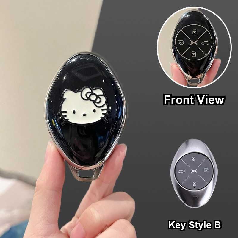 Xpeng P7+ Car Key Cover - Stylish & Durable | Wholesale & Custom Logo - Type B [Black, Silver and White Cat Sticker] Single Shell