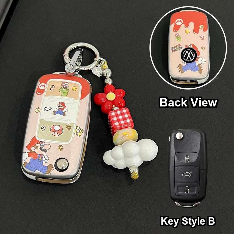 Volkswagen Key Cover - Durable & Stylish | Wholesale & Custom Logo - Style B [Mario - Double-sided] Silver Ring Buckle + Red Checkered Clouds