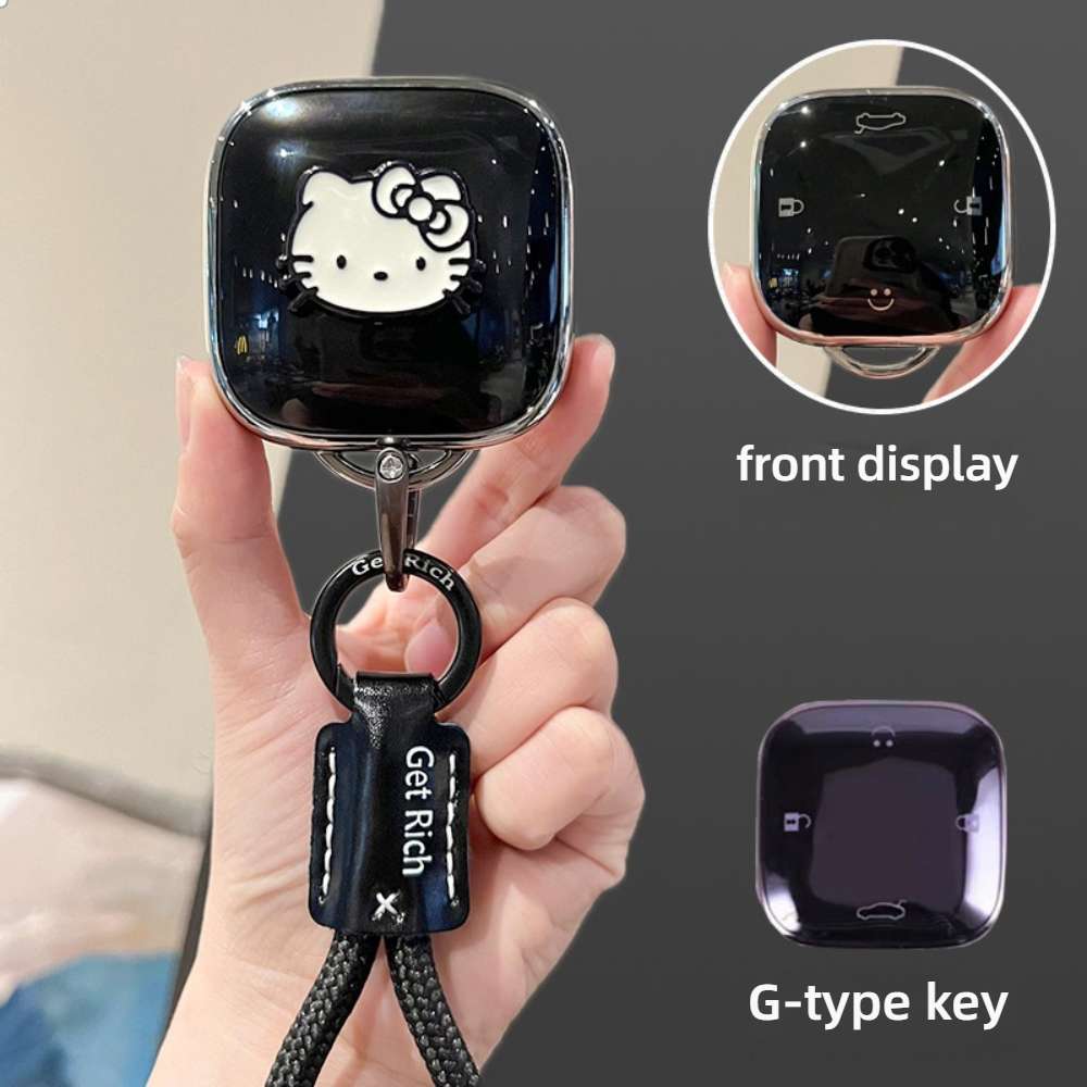 Changan Lumin Key Cover - Creative Square Scented | Wholesale & Custom - Style G [Black, Silver and White Cat Stickers] Black Letter Braided Rope