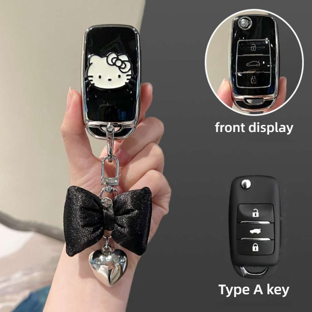 Changan Lumin Key Cover - Soft & Durable | Wholesale & Custom Logo - Style A [Black, Silver and White Cat Patch] with Black Bow