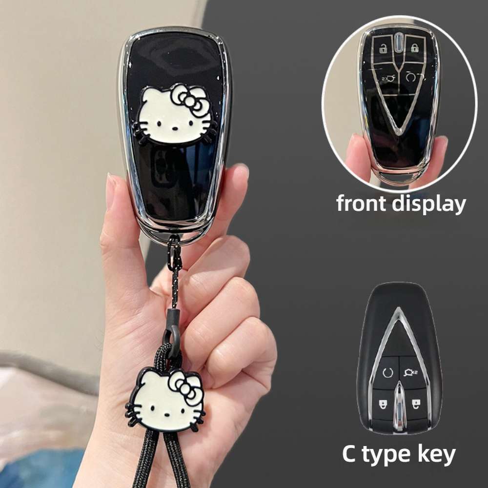Changan Lumin Key Cover - Soft & Durable | Wholesale & Custom Logo - Style C [Black, Silver and White Cat Stickers] White Cat Lanyard
