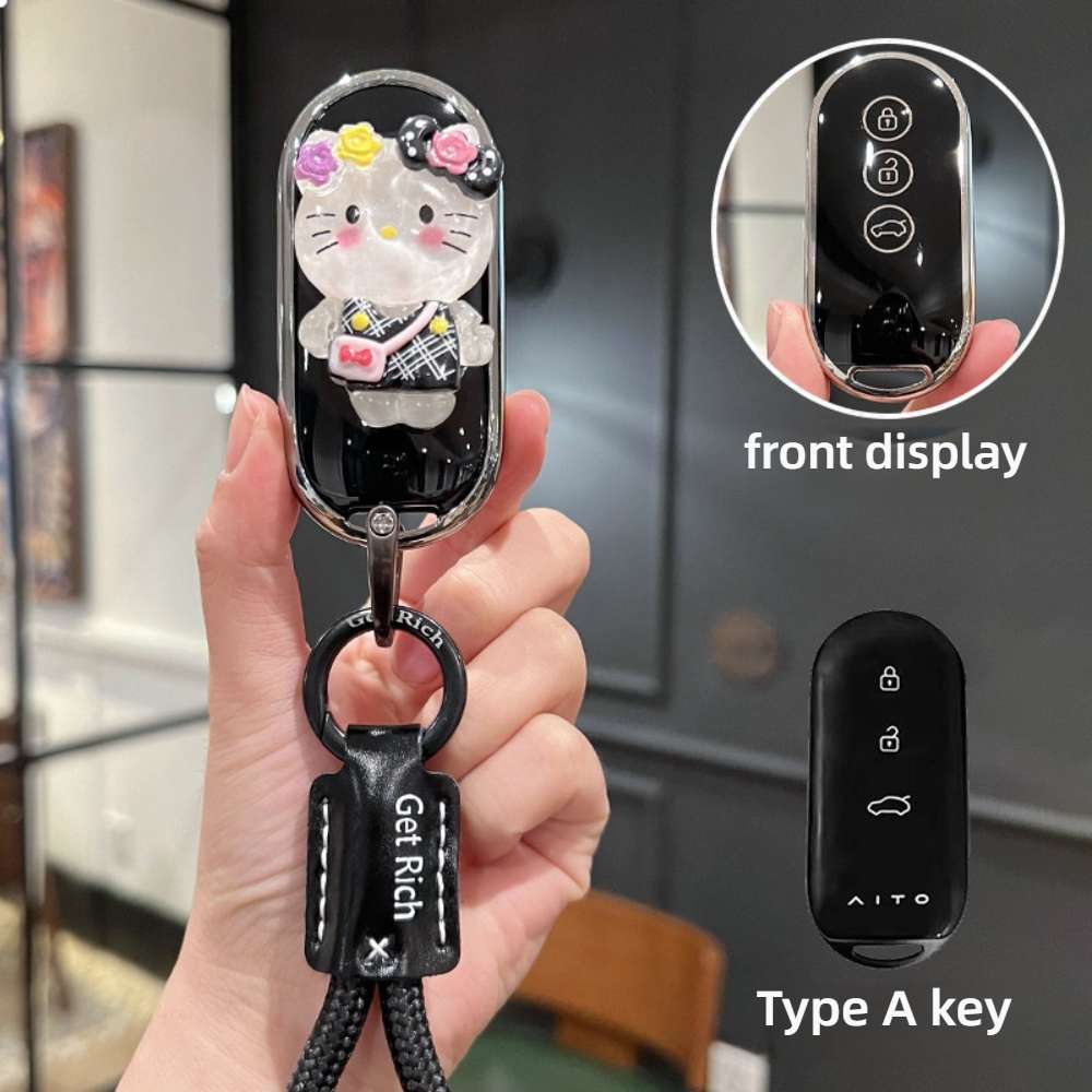 AITO M9 Key Cover - Ultra-Protective & Stylish | Wholesale & Custom - Style A [Black and Silver KT Cat Sticker] Black Cowhide Braided Rope
