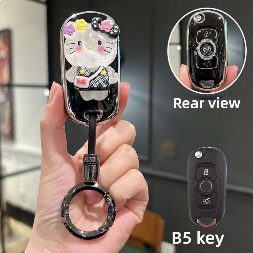 Buick Verano Pro Key Cover - Durable & Stylish | Wholesale & Custom Logo - Style B5 [Black and Silver Hello Kitty Sticker] High-end Black Round Ring Buckle