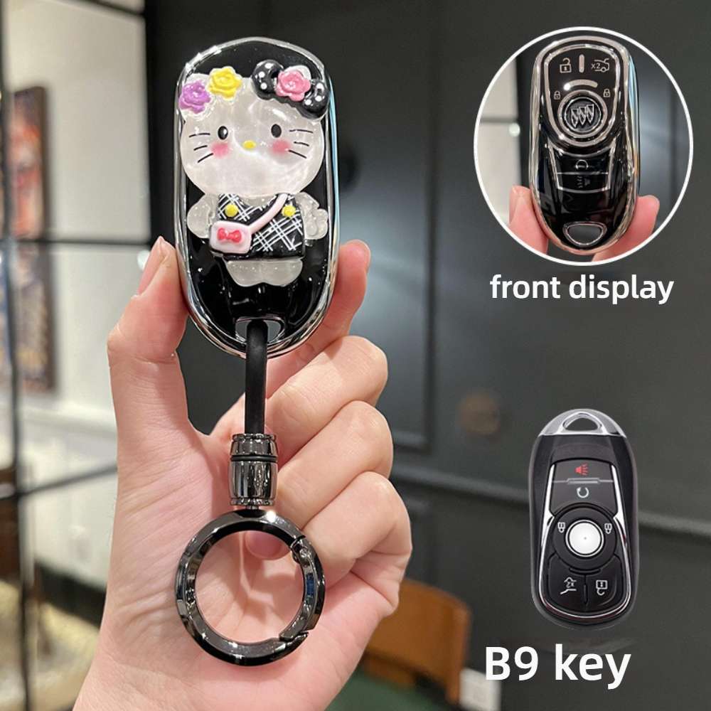 Buick Verano Pro Key Cover - Durable & Stylish | Wholesale & Custom Logo - Style B9 [Black and Silver KT Cat Sticker] High-End Black Round Ring Buckle
