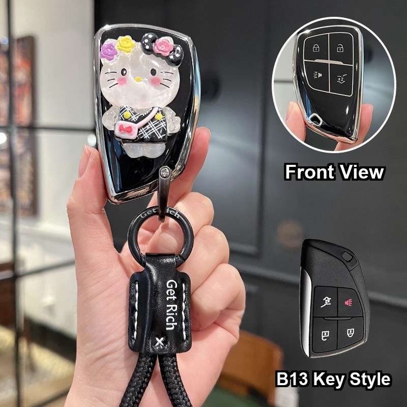 Buick Key Cover - Durable & Stylish | Wholesale & Custom Logo - Style B13 [Black and Silver KT Cat Sticker] Black Cowhide Braided Rope