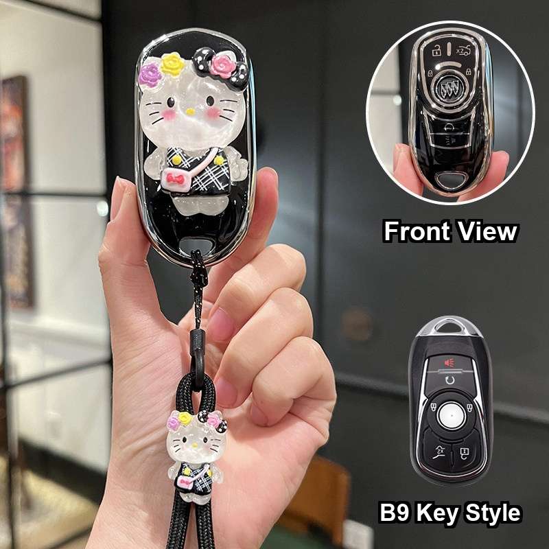 Buick Key Cover - Durable & Stylish | Wholesale & Custom Logo - Style B9 [Black and Silver Hello Kitty Sticker] Hello Kitty Lanyard