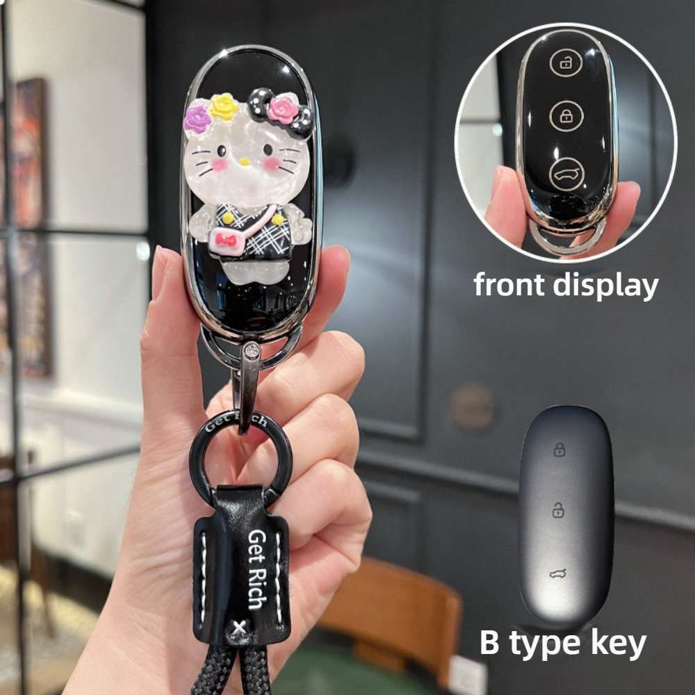 Zero Run C11 Key Cover - Protective & Stylish | Wholesale & Custom Logo - Style B [Black and Silver KT Cat Sticker] Black Cowhide Braided Rope