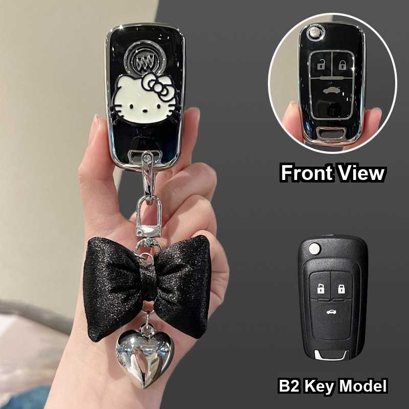 Buick Excelle Key Cover - Stylish & Durable | Wholesale & Custom Logo - Style B2 [Black, Silver and White Cat Patch] with Black Bow