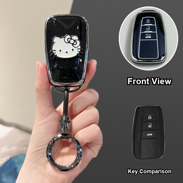 Toyota Camry Key Cover - Durable & Stylish | Wholesale & Custom Logo - Style G [Black, Silver and White Cat Sticker] High-end Round Ring Buckle