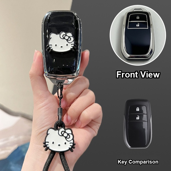 Toyota Camry Key Cover - Durable & Stylish | Wholesale & Custom Logo - Style A [Black, Silver and White Cat Sticker] White Cat Lanyard