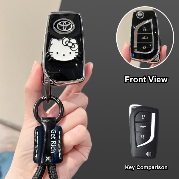 Toyota Camry Key Cover - Durable & Stylish | Wholesale & Custom Logo - Style D [Black, Silver and White Cat Stickers] Black Letter Braided Rope