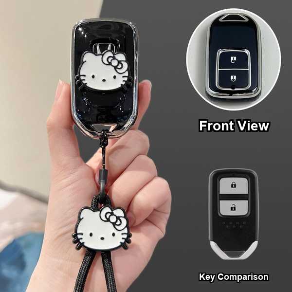 Honda Key Cover - 2025 CRV, HR-V, Accord | Wholesale & Custom Logo - Style A [Black, Silver and White Cat Sticker] White Cat Lanyard