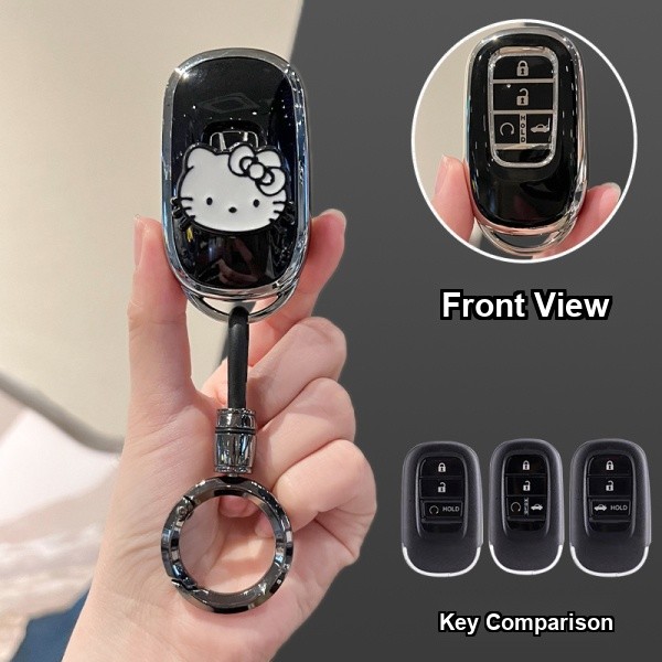 Honda Key Cover - 2025 CRV, HR-V, Accord | Wholesale & Custom Logo - Style I [Black, Silver and White Cat Sticker] High-end Round Ring Buckle