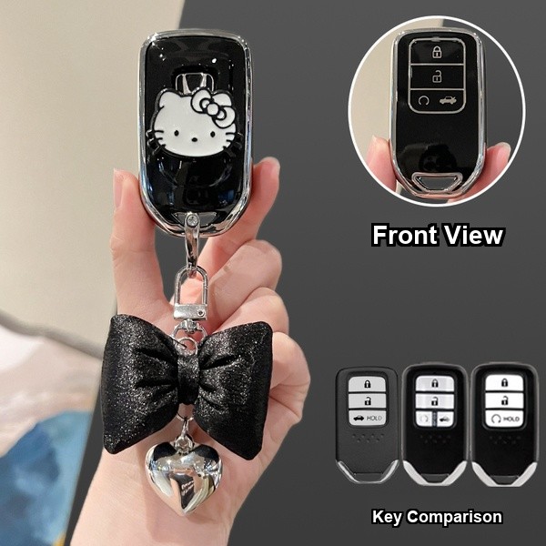 Honda Key Cover - 2025 CRV, HR-V, Accord | Wholesale & Custom Logo - Style C [Black, Silver and White Cat Patch] with Black Bow