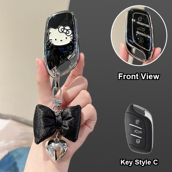 Roewe RX5 Plus Key Cover - Durable & Stylish | Wholesale & Custom - Style C [Black, Silver and White Cat Patch] with Black Bow