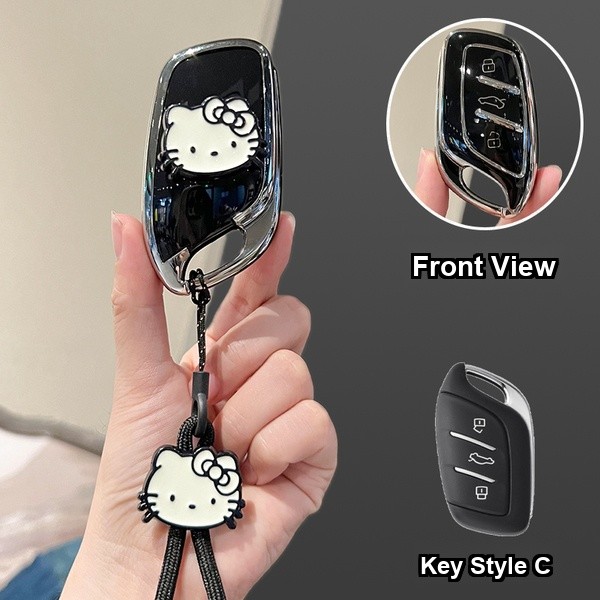 Roewe RX5 Plus Key Cover - Durable & Stylish | Wholesale & Custom - Style C [Black, Silver and White Cat Stickers] White Cat Lanyard