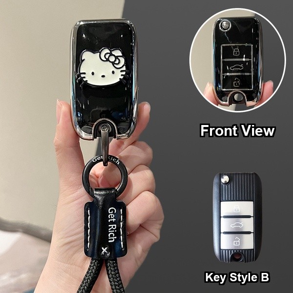 Roewe RX5 Plus Key Cover - Durable & Stylish | Wholesale & Custom - Style B [Black, Silver and White Cat Stickers] Black Letter Braided Rope