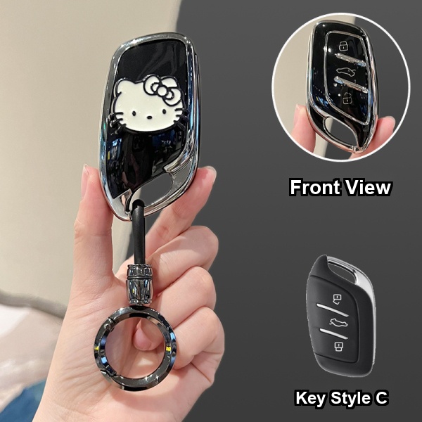 Roewe RX5 Plus Key Cover - Durable & Stylish | Wholesale & Custom - Style C [Black, Silver and White Cat Sticker] High-end Round Ring Buckle