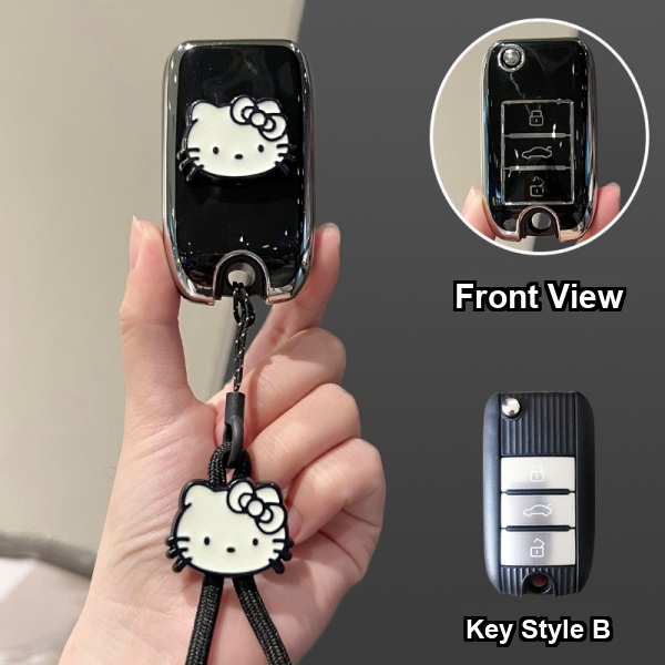 Roewe RX5 Plus Key Cover - Durable & Stylish | Wholesale & Custom - Style B [Black, Silver and White Cat Stickers] White Cat Lanyard