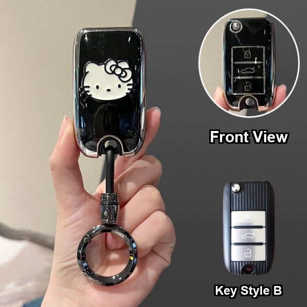 Roewe RX5 Plus Key Cover - Durable & Stylish | Wholesale & Custom - Style B [Black, Silver and White Cat Sticker] High-end Round Ring Buckle