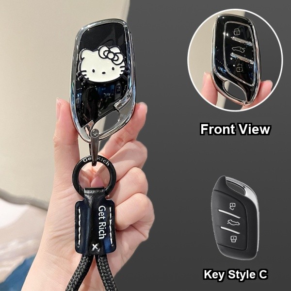 Roewe RX5 Plus Key Cover - Durable & Stylish | Wholesale & Custom - Style C [Black, Silver and White Cat Stickers] Black Letter Braided Rope