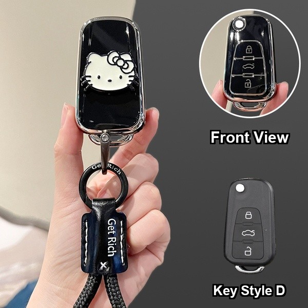Roewe RX5 Plus Key Cover - Durable & Stylish | Wholesale & Custom - Style D [Black, Silver and White Cat Stickers] Black Letter Braided Rope