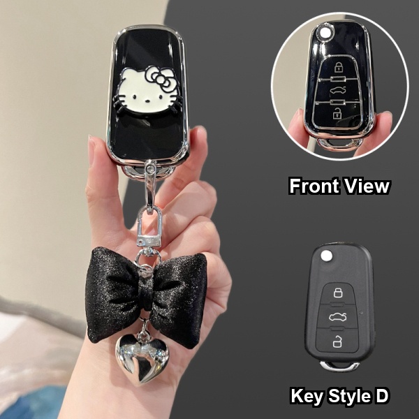 Roewe RX5 Plus Key Cover - Durable & Stylish | Wholesale & Custom - Style D [Black, Silver and White Cat Sticker] with Black Bow