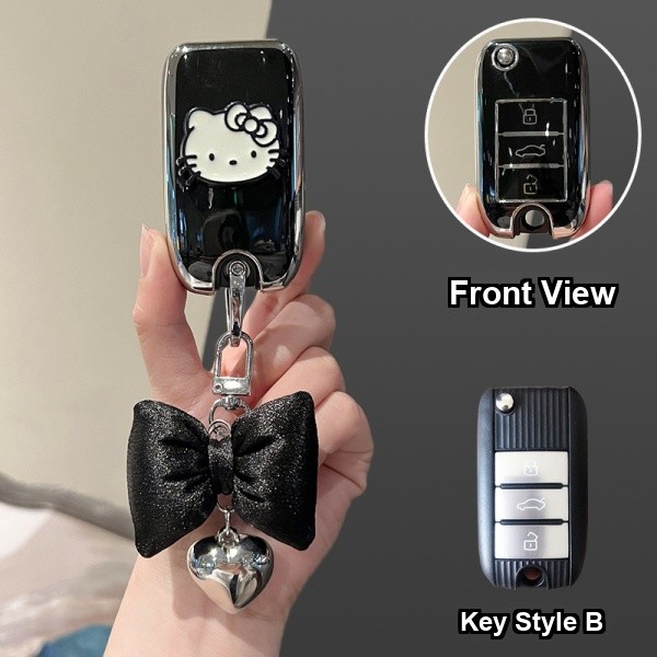 Roewe RX5 Plus Key Cover - Durable & Stylish | Wholesale & Custom - Style B [Black, Silver and White Cat Patch] with Black Bow