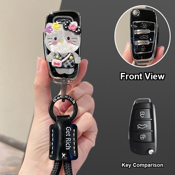Chery EQ1 Key Cover - Stylish & Durable | Wholesale & Custom Logo - Style A [Black and Silver KT Cat Sticker] Black Cowhide Braided Rope