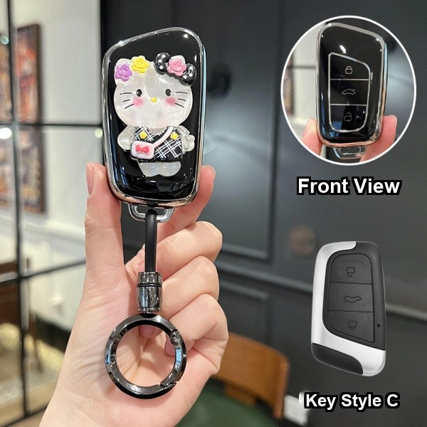 Chery EQ1 Key Cover - Stylish & Durable | Wholesale & Custom Logo - Style C [Black and Silver KT Cat Sticker] High-End Black Round Ring Buckle