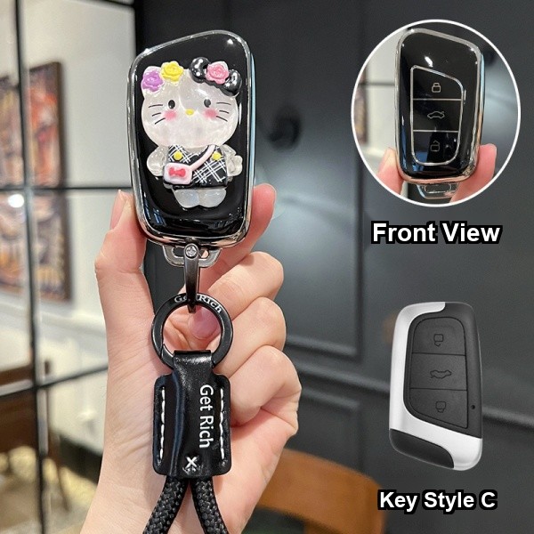 Chery EQ1 Key Cover - Stylish & Durable | Wholesale & Custom Logo - Style C [Black and Silver KT Cat Sticker] Black Cowhide Braided Rope
