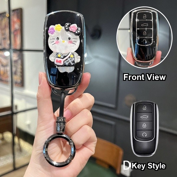 Chery EQ1 Key Cover - Stylish & Durable | Wholesale & Custom Logo - Style D [Black and Silver KT Cat Sticker] High-End Black Round Ring Buckle