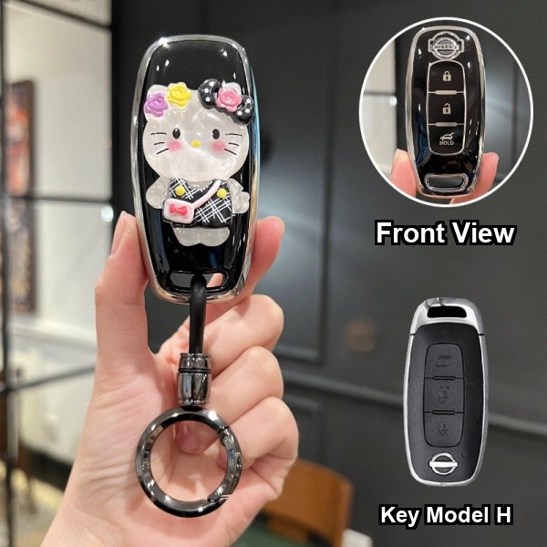 Nissan Teana Key Cover - 2025 Model & 14th Gen | Wholesale & Custom - Style H [Black and Silver KT Cat Sticker] High-End Black Round Ring Buckle