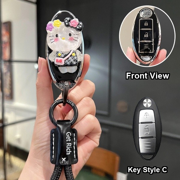Nissan Teana Key Cover - 2025 Model & 14th Gen | Wholesale & Custom - Style C [Black and Silver KT Cat Sticker] Black Cowhide Braided Rope