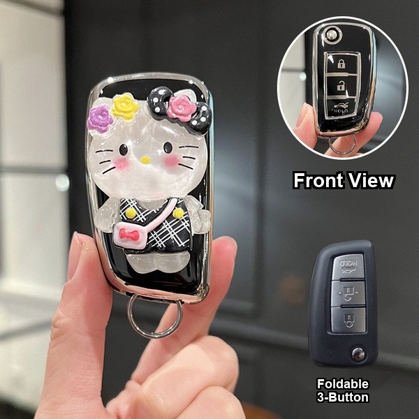 Nissan Teana Key Cover - 2025 Model & 14th Gen | Wholesale & Custom - Foldable 3-button style [Black and silver Hello Kitty Sticker] Single shell