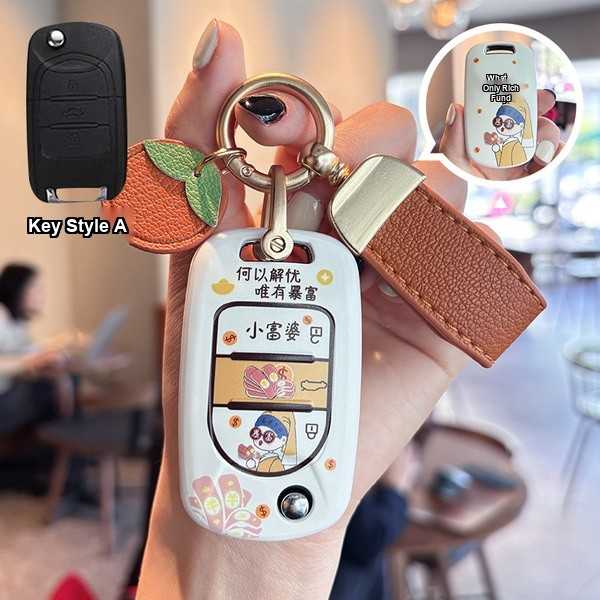 Wuling Hongguang MiniEV Key Cover - Adorable & Durable | Wholesale & Custom Logo - Wuling A-style Little Rich Woman Key Case + Wish Orange Lanyard