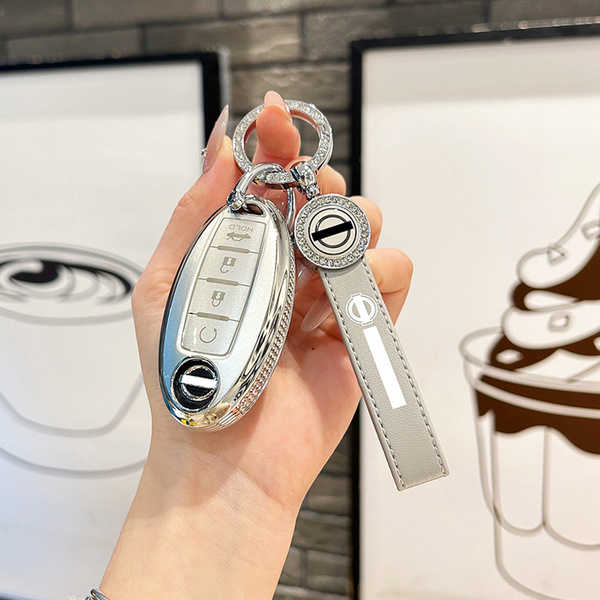 Nissan Key Cover - Durable & Stylish | Wholesale & Custom Logo - 【Style D】Glitter Pink + Rhinestone Car Logo Belt Cord