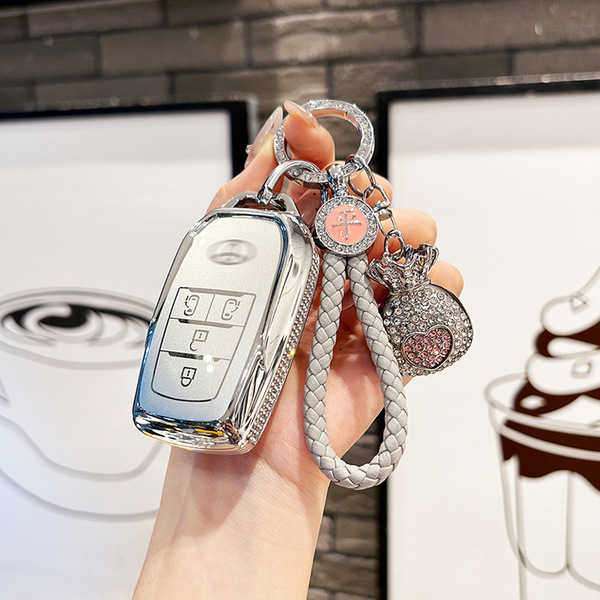 Toyota Camry Key Cover - Premium & Durable | Wholesale & Custom Logo - Style C: 4-key flowing silver + gray braided rope + lucky bag
