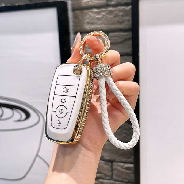 Ford Key Cover - Durable & Stylish | Wholesale & Custom Logo - 4-key ivory white + diamond-encrusted woven rope