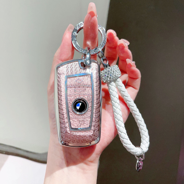 BMW Key Case - Stylish Blade Design | Wholesale & Custom Logo - [Square Style B] Crystalline Pink Rhinestone-Encrusted White Cord
